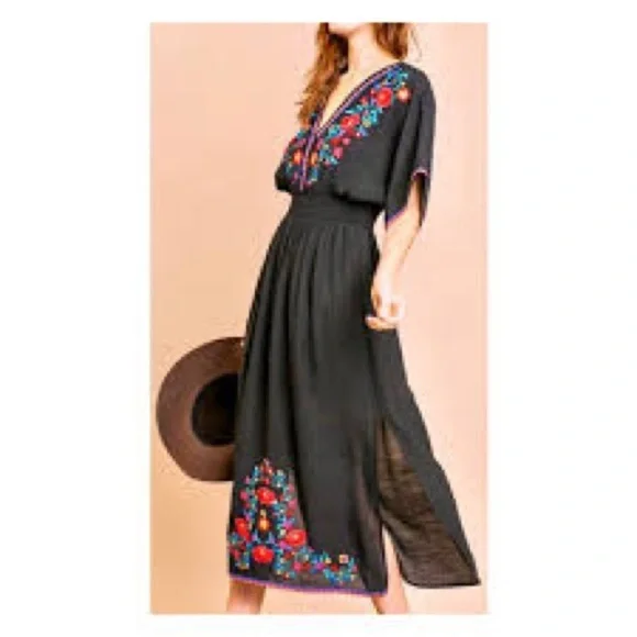 Umgee Black Embroidered Boho Midi Dress – Size M - Picture 1 of 7